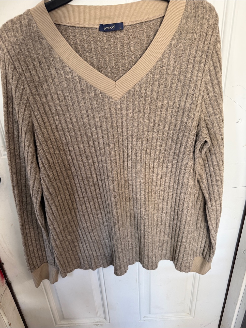 Ampeel Taupe Ribbed V-Neck Sweater - Women's Lightweight Knit